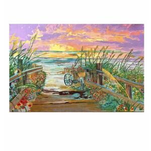 Original Beach Sunset Painting Coastal Boardwalk Bicycle Ocean Scene 20x14